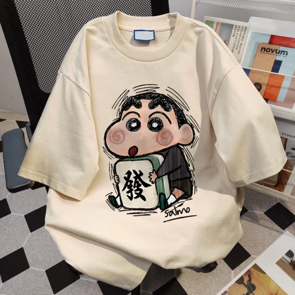 ชุดนอนผ้าฝ้าย oversize ปิดศอก ลายการ์ตูนญี่ปุ่น สีครีม