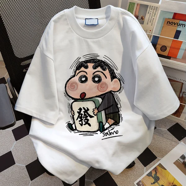 ชุดนอนผ้าฝ้าย oversize ปิดศอก ลายการ์ตูนญี่ปุ่น สีขาว