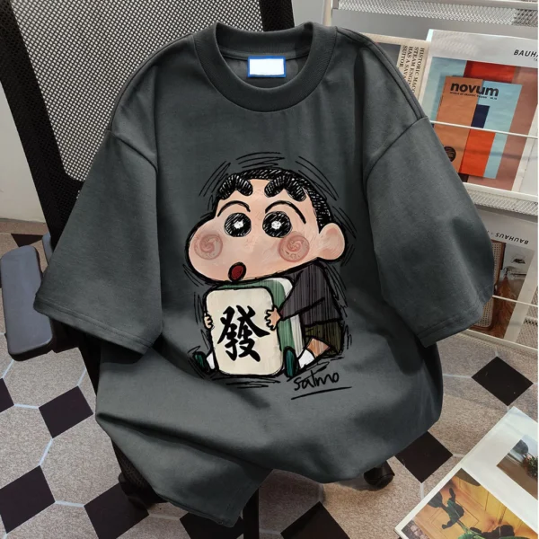 ชุดนอนผ้าฝ้าย oversize ปิดศอก ลายการ์ตูนญี่ปุ่น สีเทา