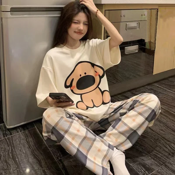 ชุดนอนแขนสั้นขายาว ผ้ายืด ฟรีไซส์ เสื้อลายหมา กางเกงสก็อต