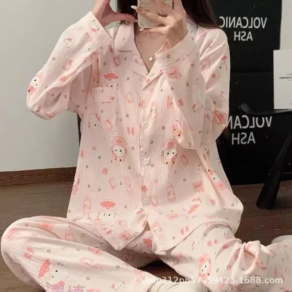 ชุดนอนผ้าไหมญี่ปุ่น แขนสั้น ขายาว สีชมพู จุดการ์ตูนน่ารัก