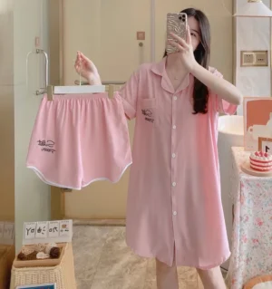 ชุดนอนผ้าไหมอิตาลีกระโปรง+กางเกงขาสั้น สีชมพู